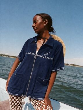 Tombolo Boston Whaler Cotton Terry Cloth Zip Shirt Cabana Beach Boat Small Blue